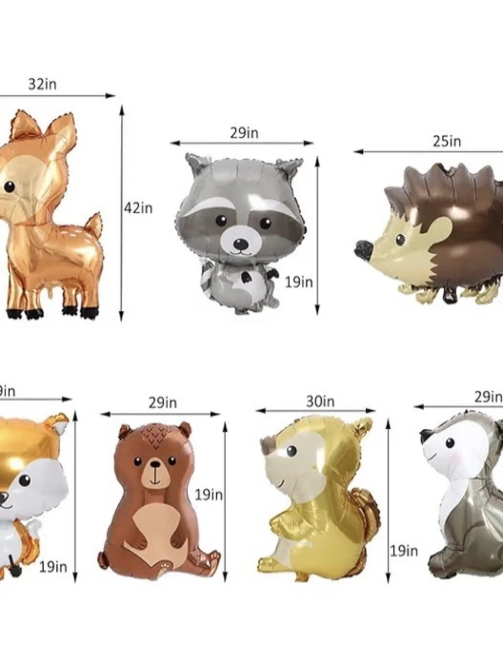 7 Piece Assorted Woodland Animals Foil Balloons - Gold, Brown, Silver